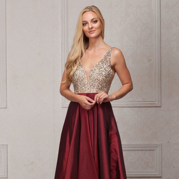 NEW FLOOR LENGTH SLEEVELESS EMBROIDERED BALL GOWN WITH ZIPPER V-BACK AC 772